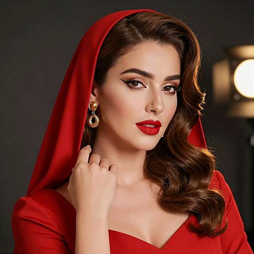 Woman in Red Headscarf and Dress with Vintage Waves