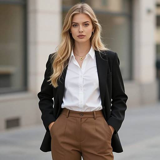 Photograph of a blonde woman with wavy hair, wearing a black blazer, white shirt, brown pants, hands in pockets, standing in an
