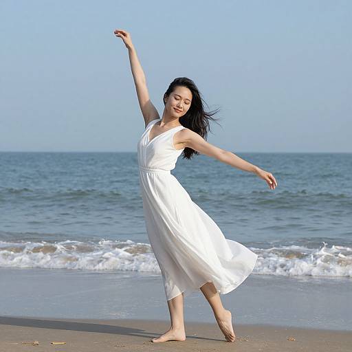 Asian woman in white dress dancing barefoot on beach with blue ocean and clear sky; arms raised, long black hair flowing.