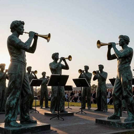 Photograph of bronze statues of classical musicians playing trumpets, standing in a row with music stands, against a sunset sky.
