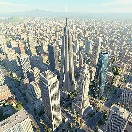 Aerial CGI of a sunlit urban cityscape featuring tall skyscrapers, including a prominent twin-towered building, surrounded by densely packed buildings and