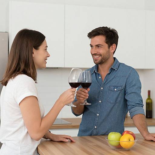 Photograph of a smiling couple toasting with red wine glasses in a modern kitchen, woman in white shirt, man in blue shirt, with apples and