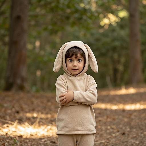 Photograph of a young boy with dark hair, wearing a beige bunny hooded onesie, standing in a sunlit forest, arms crossed.