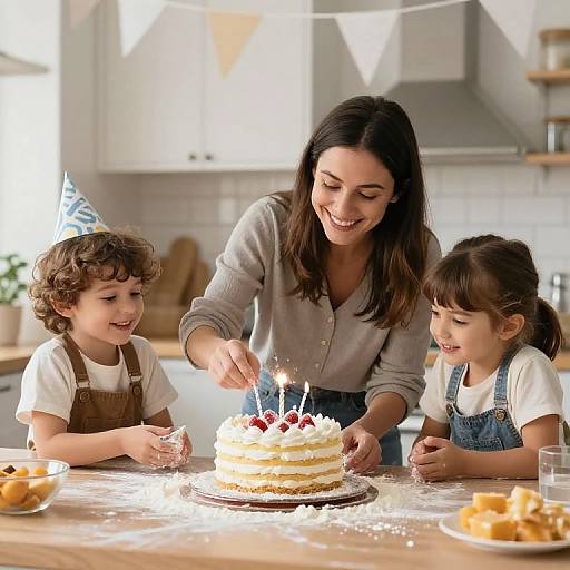 Photograph of a smiling mother with dark hair, celebrating a child's birthday with two young children in a bright kitchen. They light candles on a cake