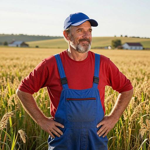 Photograph of a smiling middle-aged white man with a gray beard, wearing a blue cap, red shirt, and blue overalls, standing in a