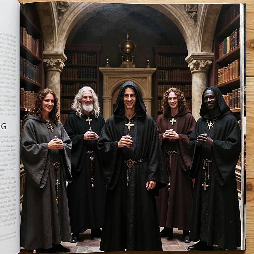 Group of Cloaked Alchemists in Ancient Library