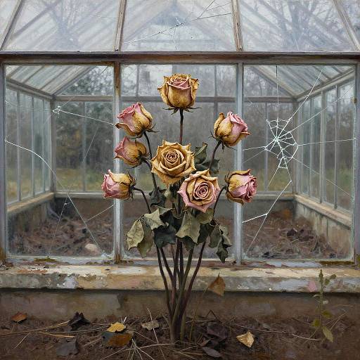 Symbolic Dried Rose in Dilapidated Greenhouse
