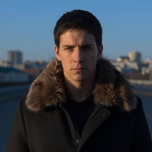 Photograph of a serious, fair-skinned man with short black hair, wearing a dark coat with a fur-lined hood, against a blue sky and