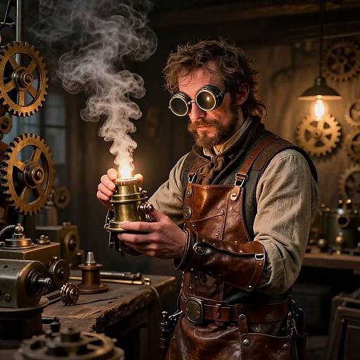 Photograph of a bearded man with curly hair, round glasses, and brown leather apron, holding a steaming brass teapot in a dim