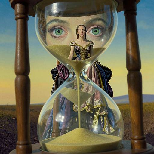Digital artwork: Enlarged glass hourglass with a fairy-tale princess inside, wearing a gold and purple gown, with large blue-green eyes,
