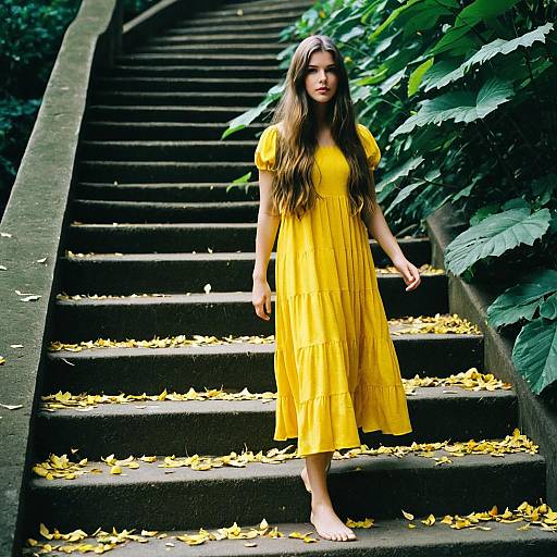 Young Woman in Yellow Dress on Stairs