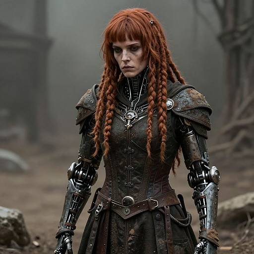 Photograph-style CGI of a red-haired woman with dreadlocks, wearing dark, steampunk armor, standing in a foggy, forested,