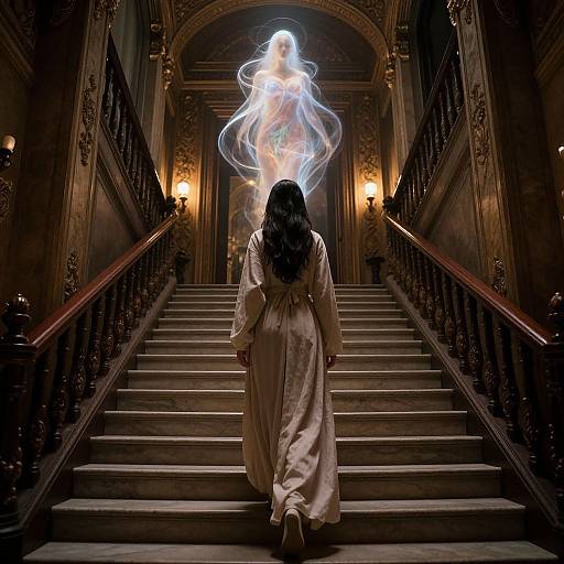 Photograph: Woman in white robe ascends dark, ornate staircase, back facing camera, ethereal, glowing figure above her head. Warm,