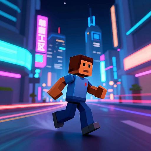 CGI pixel art of a blocky, square-headed male figure in a blue shirt walking in a neon-lit, futuristic city street.