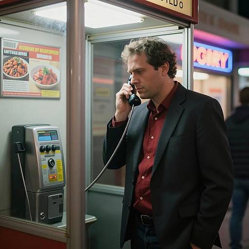 Focused Man in Payphone Booth Scene
