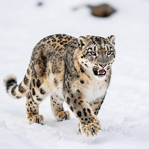 Photograph of a snow leopard with spotted fur, white underbelly, and open mouth, walking through snowy landscape, blurred rocks in background.