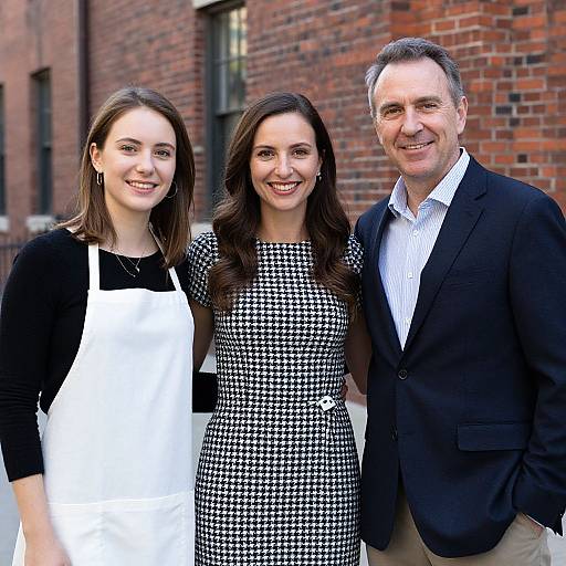 Photograph of three smiling adults: a woman in a white apron, another in a black-and-white houndstooth dress, and a man