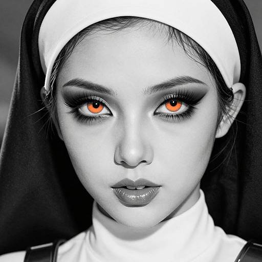 Digital portrait of a young Asian woman with striking orange eyes, wearing a black and white nun's habit, in grayscale with orange accents. Intense,