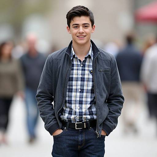Photograph of a young man with short dark hair, smiling, wearing a black jacket over a blue and white plaid shirt, dark jeans, and