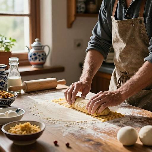 Photograph of a man rolling dough on a wooden table in a sunlit kitchen, wearing a dusty brown apron, surrounded by baking ingredients and tools