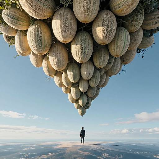 Photograph of a surreal landscape with a large cluster of textured, beige melons hanging above a lone, silhouetted figure standing on a vast