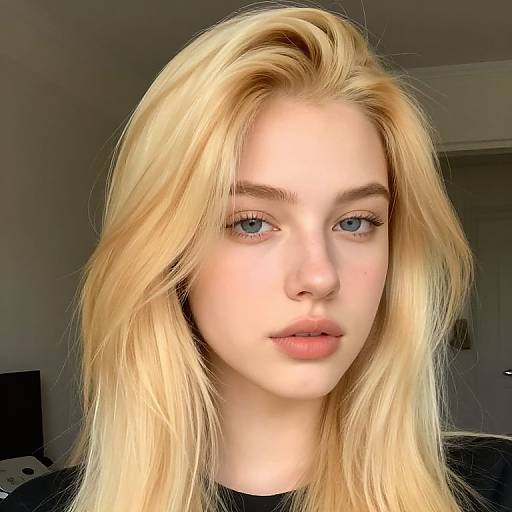 Photograph of a young woman with fair skin and long, straight blonde hair, blue eyes, and light pink lips, set against a dimly lit