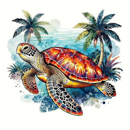 Vibrant digital illustration of a colorful sea turtle with a red and orange shell, swimming amidst blue water and two palm trees.