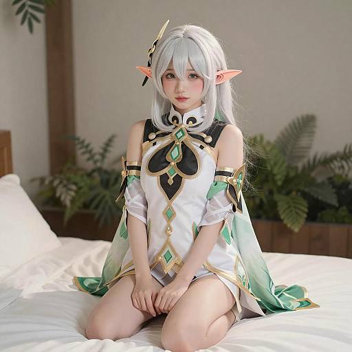 White-Haired Elf Cosplayer on Bed