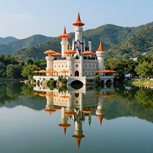 Surreal Castle with Floating Umbrellas