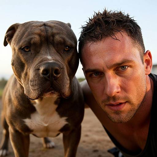 Photograph of a serious, muscular man with short, dark hair and a medium-sized, dark brown, muscular dog with a white chest, standing closely