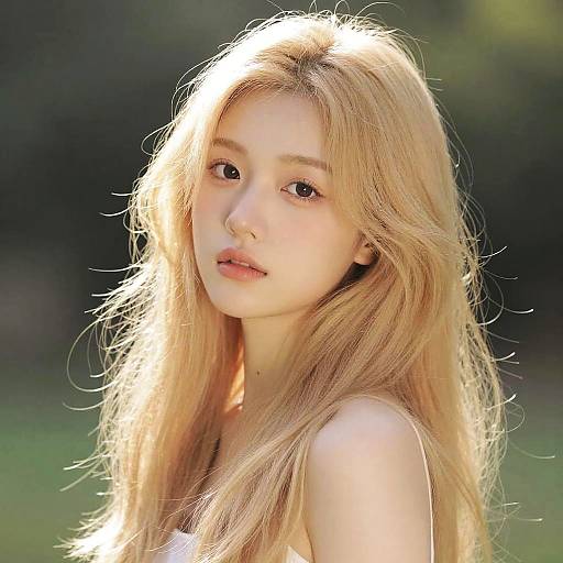 Photograph of a young Asian woman with long, blonde, sunlit hair, fair skin, and soft expression, wearing a white tank top, against