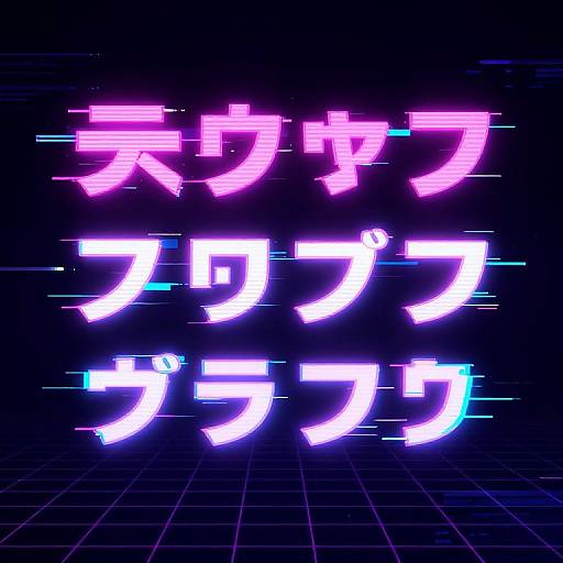 Neon pink and white Japanese text with blue accents, glowing against a dark grid background, evoking a retro futuristic vibe.