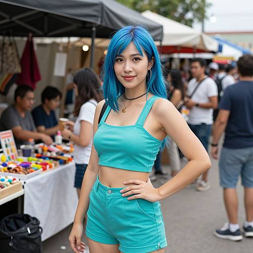 Photograph of an Asian woman with blue hair, wearing a teal crop top and high-waisted shorts, standing at a busy outdoor market with colorful