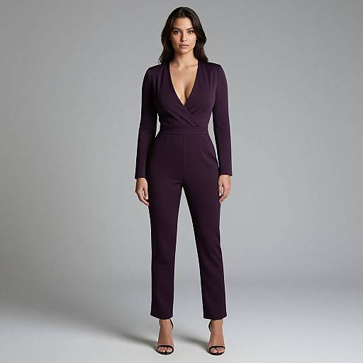 Photograph of a dark-haired woman in a deep purple, long-sleeve, V-neck jumpsuit with a belted waist, standing against a