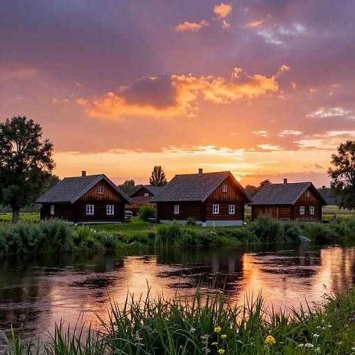 Photograph of wooden houses by a reflective river at sunset, with vibrant orange, pink, and purple clouds in the sky.