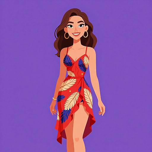 Digital illustration of a smiling woman with long brown hair, wearing a red floral dress with blue and yellow leaves, large gold earrings, and a bracelet,