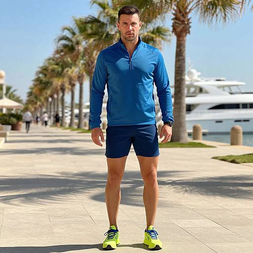 Photograph of a muscular, bearded man in a blue long-sleeve top, navy shorts, and neon yellow-green sneakers, standing on a