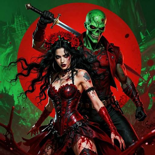 Digital art: Dark-haired woman in bloody red dress, sword in hand, stands before green-skulled, muscular man with sword, red sun backdrop.
