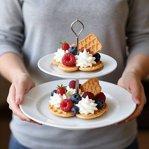 Photograph of a person in a gray shirt holding two white plates with waffle desserts topped with whipped cream, blueberries, raspberries, and w