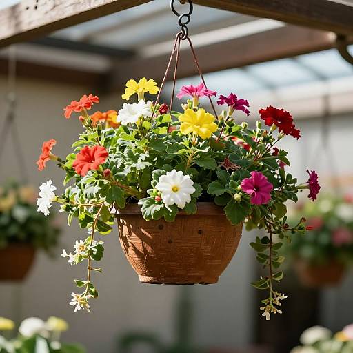 Photograph of a wicker hanging basket filled with vibrant red, yellow, white, and pink geraniums, suspended under a wooden pergola.