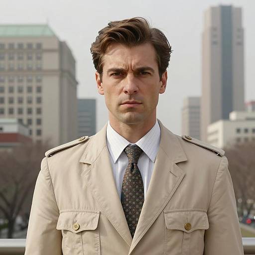 Serious man in beige jacket with urban background