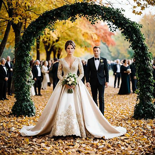 Bride and Groom Under Ivy Arch at Autumn Wedding