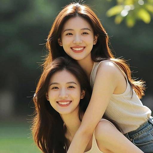 Photograph of two smiling Asian women with long brown hair, wearing white tank tops, hugging closely outdoors with a sunlit green background.