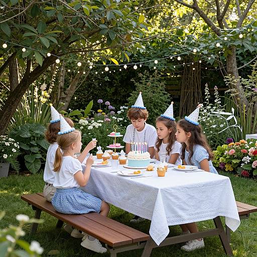 Photograph of four children in white party hats and blue-striped outfits, sitting at a garden table with a white lace tablecloth, enjoying cake and tea