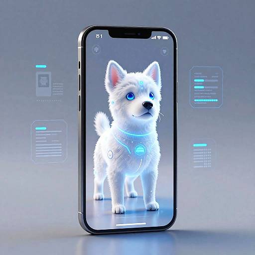 Photorealistic CGI of a white, blue-eyed fluffy puppy wearing a glowing blue collar on a smartphone screen, set against a futuristic, blue-lit