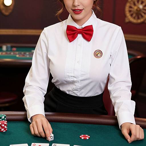 Photograph of an Asian female casino dealer with red bow tie, white shirt, black skirt, dealing poker chips on green table.