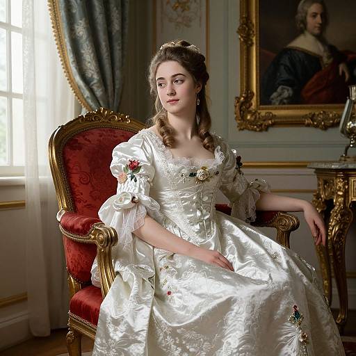 Photograph of a young woman with fair skin and brown hair in an ornate, white, 18th-century-style gown, seated on a red