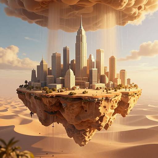 Digital art of a floating, desert island city with skyscrapers, palm trees, and rain falling from a dramatic, cloud-filled sky.