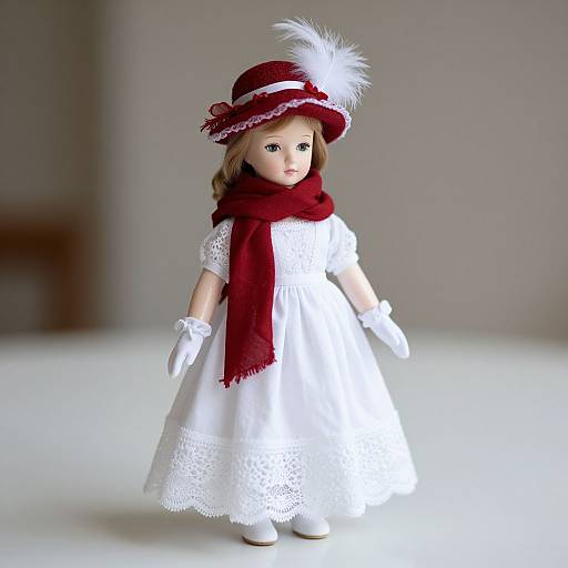 Photograph of a doll with fair skin, blue eyes, wearing a white lace dress, red scarf, and red hat with white feather, standing against