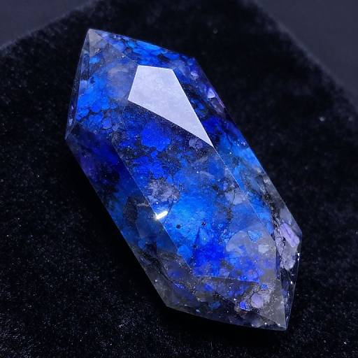 Photograph of a vibrant, faceted, blue gemstone with translucent sections and a white triangular inlay, resting on a black velvet surface.